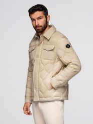 Pikowana kurtka męska w koszulowym fasonie – beżowa V1 - Rozmiar: XXL. Brązowe kurtki Ombre Clothing, m, z aplikacjami, z materiału, bez kaptura. W wyprzedaży za 254.99 zł.
