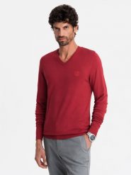 Męski elegancki sweter V-neck BASIC z wiskozą – czerwony V20 OM-SWBS-0107 - XXL. Czerwone swetry nierozpinane Ombre Clothing, l, bez wzorów, z dzianiny, bez kołnierzyka, bez ramiączek. W wyprzedaży za 89.99 zł.