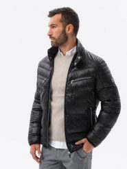 Kurtka męska zimowa pikowana z ozdobnymi zamkami - czarna V1 OM-JAHP-22FW-010 - L. Czarne kurtki Ombre Clothing, na zimę, l, z aplikacjami, z materiału, bez kaptura. W wyprzedaży za 129.99 zł.