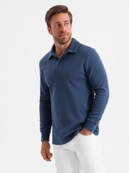 Bluza męska z kołnierzykiem polo ze strukturalnej dzianiny - ciemnoniebieska V5 OM-SSNZ-0149 - XXL. Niebieskie bluzy Ombre Clothing, l, bez wzorów, z bawełny, bez kaptura. W wyprzedaży za 59.99 zł.