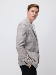 Marynarka slim fit z lnem - beżowy. Brązowe garnitury Reserved, l, bez wzorów, z bawełny. Za 359.99 zł.