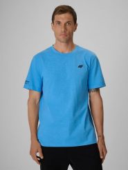 4F T-shirt regular gładki męski - niebieski XL. Niebieskie t-shirty 4F, m, bez wzorów, z bawełny, bez kołnierzyka, bez ramiączek. Za 69.99 zł.