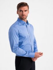 Klasyczna męska koszula SLIM FIT z satynowej tkaniny – niebieska V2 OM-SHOS-0176 - XXL. Niebieskie koszule Ombre Clothing, l, bez wzorów, z bawełny, bez kołnierzyka, bez ramiączek. W wyprzedaży za 119.99 zł.