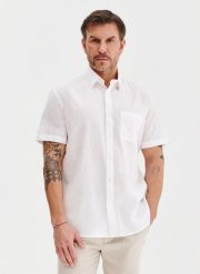 PAKO LORENTE - Lniana biała koszula z krótkim rękawem. Białe koszule Pako Lorente, na wiosnę, m, bez wzorów, z bawełny, bez kołnierzyka, bez ramiączek. Za 99.99 zł.