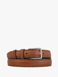 Rudy pasek ze skóry licowej. Brązowe paski Ryłko, bez wzorów, z denimu, casualowe. Za 129.99 zł.