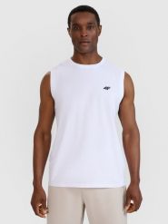 4F Tank top regular gładki męski - biały L. Białe bezrękawniki 4F, l, bez wzorów, z bawełny, bez kołnierzyka, bez ramiączek. Za 49.99 zł.