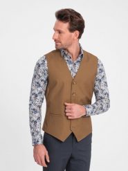 Kamizelka męska garniturowa bez klap - karmelowa V1 OM-BLZV-0112 - XL. Brązowe garnitury Ombre Clothing, na co dzień, l, bez wzorów, z poliesteru. Za 143.99 zł.