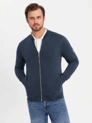Rozpinana bawełniana bluza męska dresowa bomberka – granatowa V4 OM-SSZP-0215 - XXL. Niebieskie bluzy Ombre Clothing, l, z aplikacjami, z bawełny, bez kaptura. Za 119.99 zł.