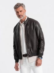 Kurtka męska z imitacji skóry ze ściągaczem na dole - ciemnobrązowa V1 - Rozmiar: XL. Brązowe kurtki Ombre Clothing, m, bez wzorów, ze skóry, bez kaptura. W wyprzedaży za 119.99 zł.