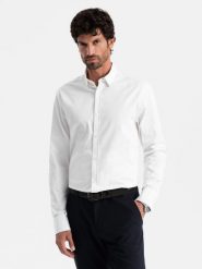 Klasyczna męska koszula SLIM FIT z tkaniny satynowej – biała V1 OM-SHOS-0176 - XXL. Białe koszule Ombre Clothing, l, bez wzorów, z bawełny, bez kołnierzyka, bez ramiączek. W wyprzedaży za 119.99 zł.