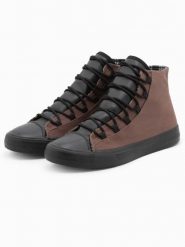 Buty męskie trampki z łączonych materiałów - brązowe V6 OM-FOTH-0143 - 43. Brązowe trampki Ombre Clothing, m, bez wzorów, za kostkę, bez zapięcia. W wyprzedaży za 89.99 zł.