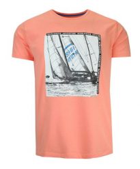 T-Shirt Męski Brzoskwiniowy z Nadrukiem w Żaglówkę, Koszulka, Krótki Rękaw, U-neck. Pomarańczowe bluzki z długim rękawem MCL, l, bez wzorów, z bawełny, bez kołnierzyka, bez ramiączek. Za 119.00 zł.