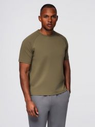 Koszulka męska COMFORT FIT z raglanowym rękawem – oliwkowa V4 - Rozmiar: S. Zielone t-shirty Ombre Clothing, m, z aplikacjami, z bawełny, bez kołnierzyka, bez ramiączek. W wyprzedaży za 81.24 zł.