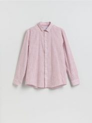 Koszula regular fit w paski - czerwony. Czerwone koszule Reserved, l, bez wzorów, z bawełny, bez kołnierzyka, bez ramiączek. Za 139.99 zł.