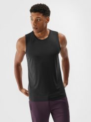 4F Tank top treningowy szybkoschnący męski - czarny L. Czarne bezrękawniki 4F, bez wzorów, z dzianiny, bez ramiączek, na fitness i siłownię. Za 69.99 zł.