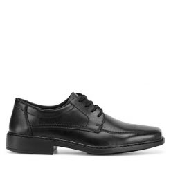 Półbuty Rieker. Czarne eleganckie półbuty Rieker, bez wzorów, bez obcasa, bez zapięcia. Za 259.99 zł.