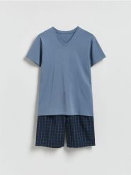 Dwuczęściowa piżama z bawełny - granatowy. Niebieskie piżamy Reserved, l, bez wzorów, z bawełny, bez ramiączek. Za 89.99 zł.