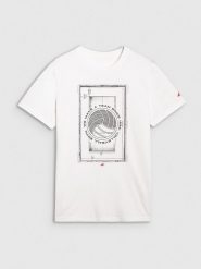 4F T-shirt regular z nadrukiem męski - biały L. Białe t-shirty 4F, l, bez wzorów, z bawełny, bez kołnierzyka, bez ramiączek. Za 69.99 zł.