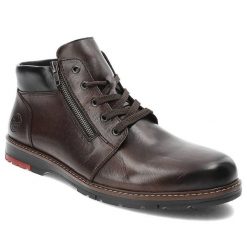 Brązowe Trzewiki Rieker Eleganckie Buty Męskie. Brązowe botki sznurowane Rieker, na zimę, bez wzorów, z futra, bez obcasa, bez zapięcia. Za 369.00 zł.