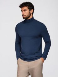 Męski longsleeve gładki z golfem - granatowy V2. Niebieskie bluzki z długim rękawem Ombre Clothing, m, bez wzorów, z bawełny, bez kołnierzyka, bez ramiączek. Za 149.99 zł.