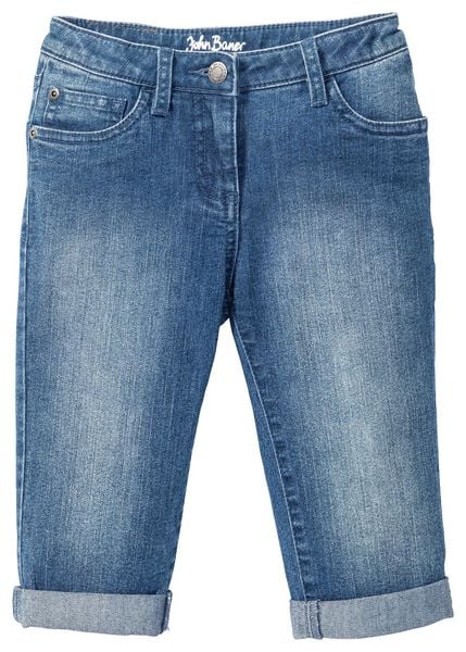 Dżinsy rybaczki mid waist z regulowaną talią. Niebieskie torby na ramię bonprix, bez wzorów, z jeansu, bez dodatków. Za 89.99 zł.