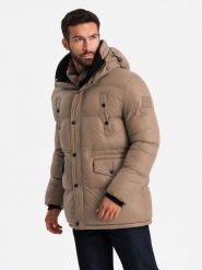 Długa męska kurtka puffer z zapinanymi kieszeniami – brązowa V2 OM-JALJ-0186 - XXL. Brązowe kurtki Ombre Clothing, l, z aplikacjami, z materiału. W wyprzedaży za 249.99 zł.