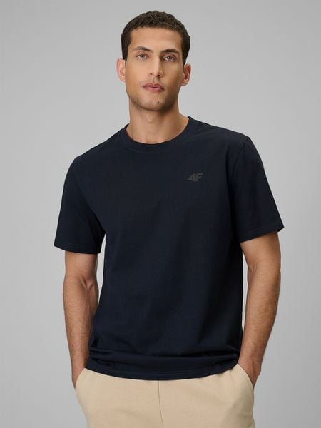 4F T-shirt regular gładki męski - granatowy M. Niebieskie t-shirty 4F, m, bez wzorów, z bawełny, bez kołnierzyka, bez ramiączek. Za 59.99 zł.
