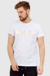 BALMAIN Biały t-shirt męski ze złotym logo. Białe t-shirty Balmain, l, bez wzorów, bez kołnierzyka, bez ramiączek. W wyprzedaży za 1,099.99 zł.