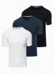 Zestaw męskich t-shirtów z okrągłym dekoltem – biały/granatowy/czarny V2 Z102 - XXL. Białe t-shirty Ombre Clothing, l, bez wzorów, z bawełny, bez kołnierzyka, bez ramiączek. W wyprzedaży za 139.99 zł.