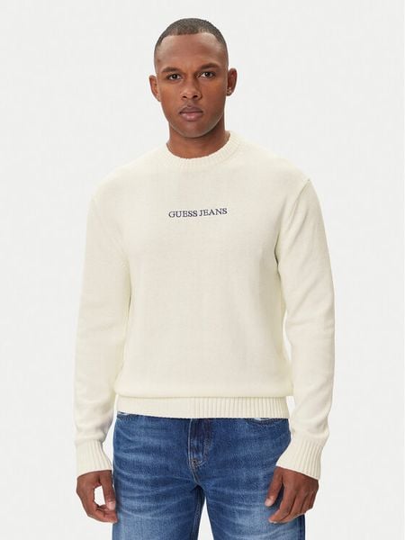 Guess Jeans Sweter M4BR31 Z3HM1 Écru Regular Fit. Białe swetry rozpinane Guess Jeans, l, z aplikacjami, z bawełny, bez kołnierzyka, bez ramiączek. Za 349.99 zł.