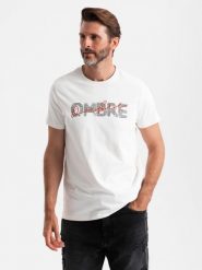 Bawełniany męski t-shirt z podwójnym printowanym logotypem – biały V1 - Rozmiar: M. Białe t-shirty Ombre Clothing, m, bez wzorów, z bawełny, bez kołnierzyka, bez ramiączek. W wyprzedaży za 24.99 zł.