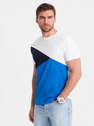 T-shirt męski trójkolorowy bawełniany - biało-niebieski V4 - Rozmiar: L. Białe t-shirty Ombre Clothing, l, bez wzorów, z bawełny, bez kołnierzyka, bez ramiączek. W wyprzedaży za 35.00 zł.