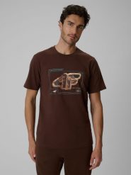 4F T-shirt regular z nadrukiem męski - brązowy S. Brązowe t-shirty 4F, m, bez wzorów, z materiału, bez kołnierzyka, bez ramiączek. Za 79.99 zł.