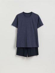 Dwuczęściowa piżama z bawełny - granatowy. Niebieskie piżamy Reserved, l, bez wzorów, z bawełny, bez ramiączek. Za 79.99 zł.