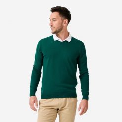 Sweter do golfa męski MW100 dekolt w serek. Zielone golfy INESIS, l, bez wzorów, z bawełny, bez ramiączek. Za 69.99 zł.