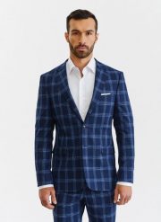 PAKO LORENTE – Granatowa marynarka garniturowa w niebieską kratę. Niebieskie garnitury Pako Lorente, m, bez wzorów, z elastanu. Za 399.99 zł.