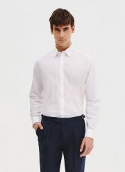 PAKO LORENTE – Biała koszula z lnu i bawełny. Białe koszule Pako Lorente, na lato, m, bez wzorów, z bawełny, bez kołnierzyka, bez ramiączek. Za 119.99 zł.