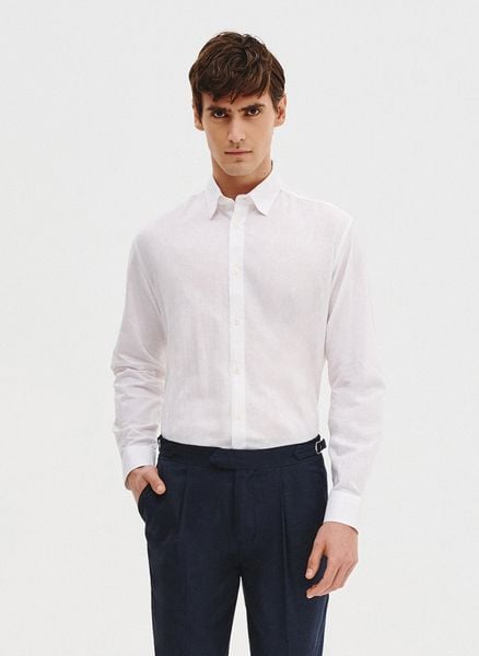 PAKO LORENTE – Biała koszula z lnu i bawełny. Białe koszule Pako Lorente, na lato, m, bez wzorów, z bawełny, bez kołnierzyka, bez ramiączek. Za 119.99 zł.