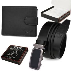 Zestaw Męski Skórzany Premium Beltimore Portfel Pasek T92 : Kolory - Czarny, Rozmiar Pasków - R.105-120 Cm. Czarne portfele bez wzorów. Za 124.99 zł.