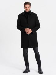 Męski długi jednorzędowy płaszcz z kołnierzykiem i podpinką – czarny V1 OM-COWC-0106 - M. Czarne płaszcze Ombre Clothing, l, bez wzorów, z materiału, eleganckie, bez kaptura. Za 365.99 zł.
