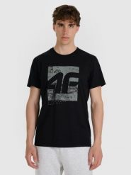 4F T-shirt regular z nadrukiem męski - czarny L. Czarne t-shirty 4F, l, bez wzorów, z bawełny, bez kołnierzyka, bez ramiączek. W wyprzedaży za 59.99 zł.