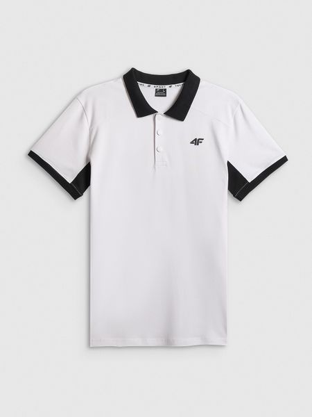 4F Koszulka polo regular męska - biała L. Białe koszulki polo 4F, l, bez wzorów, z dzianiny, bez kołnierzyka, bez ramiączek, trekkingowe. Za 119.99 zł.
