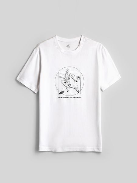 4F T-shirt regular z nadrukiem męski - biały S. Białe t-shirty 4F, m, bez wzorów, z bawełny, bez kołnierzyka, bez ramiączek. Za 79.99 zł.