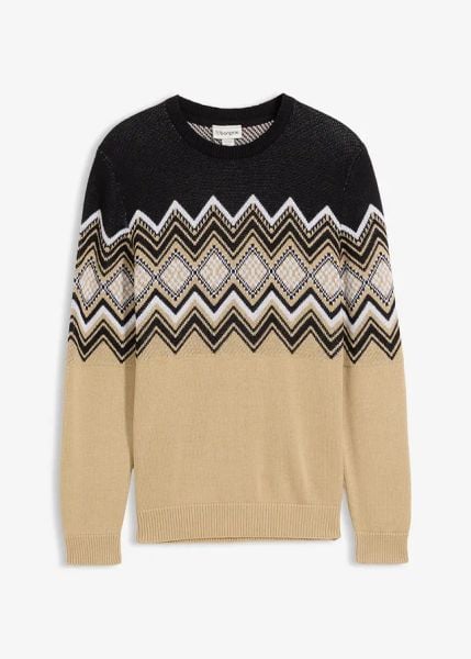 Sweter w norweski wzór z miękkiej mieszanki bawełny. Brązowe swetry nierozpinane bonprix, l, bez wzorów, z bawełny, bez kołnierzyka, bez ramiączek. Za 104.99 zł.