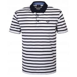 Koszulka Polo - Męska - Pako Jeans - Biała w Granatowy Prążek. Niebieskie koszulki polo Pako Jeans, l, bez wzorów, z bawełny, bez kołnierzyka, bez ramiączek. Za 135.00 zł.