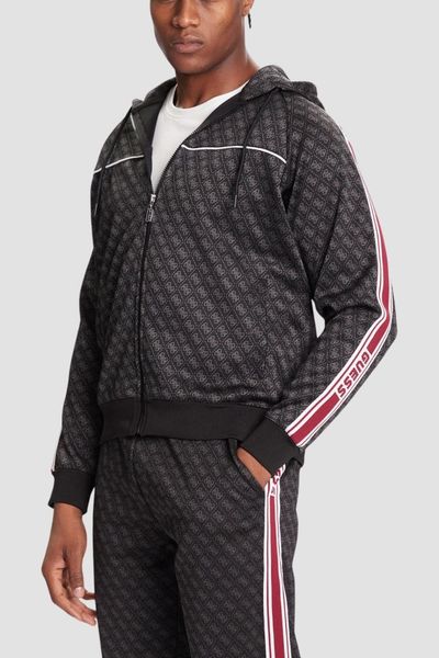 GUESS Czarna rozpinana męska bluza w monogram z lampasami i kapturem Parimo 4G, Rozmiar XXL. Czarne bluzy Guess, m, z aplikacjami, z dresówki. W wyprzedaży za 339.99 zł.