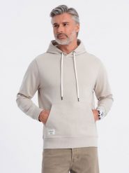 Męska bluza dresowa kangurka z kapturem - jasnobeżowa V1 OM-SSBN-0177 - XXL. Brązowe bluzy Ombre Clothing, l, z aplikacjami, z bawełny, z kapturem. Za 77.99 zł.