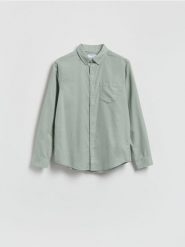 Bawełniana koszula slim fit - jasnozielony. Zielone koszule Reserved, l, bez wzorów, z bawełny, bez kołnierzyka, bez ramiączek. Za 119.99 zł.