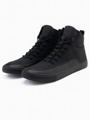 Buty męskie sneakersy za kostkę z ozdobnymi zakładkami – czarne V4 OM-FOSH-0176 - 45. Czarne buty sportowe casual Ombre Clothing, bez wzorów, z gumy, za kostkę, bez zapięcia. Za 249.99 zł.