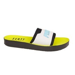 Fenty x Puma klapki, biało-neonowo-zielone, płaska podeszwa, bez zapięcia. Białe klapki 187, z materiału. Za 339.99 zł.